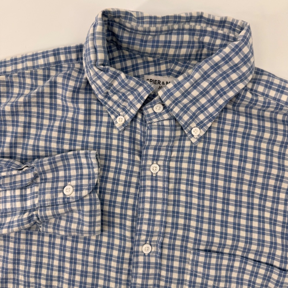 Spier & Mackay Button Down Shirt Mens 16 Blue White Gingham Slim Fit Handmade